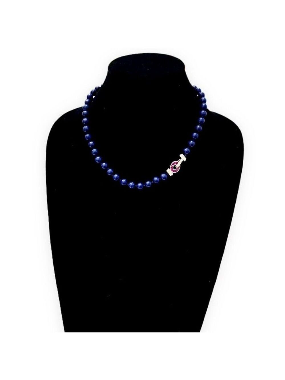 ARTISAN  LUXURY | Lapis Lazuli Beaded Necklace w Silver & Pink Crystal Closure